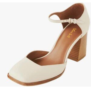 miss left Beige Square Toe Adjustable Ankle Buckle D'Orsay Pump Chunky Heel Shoe